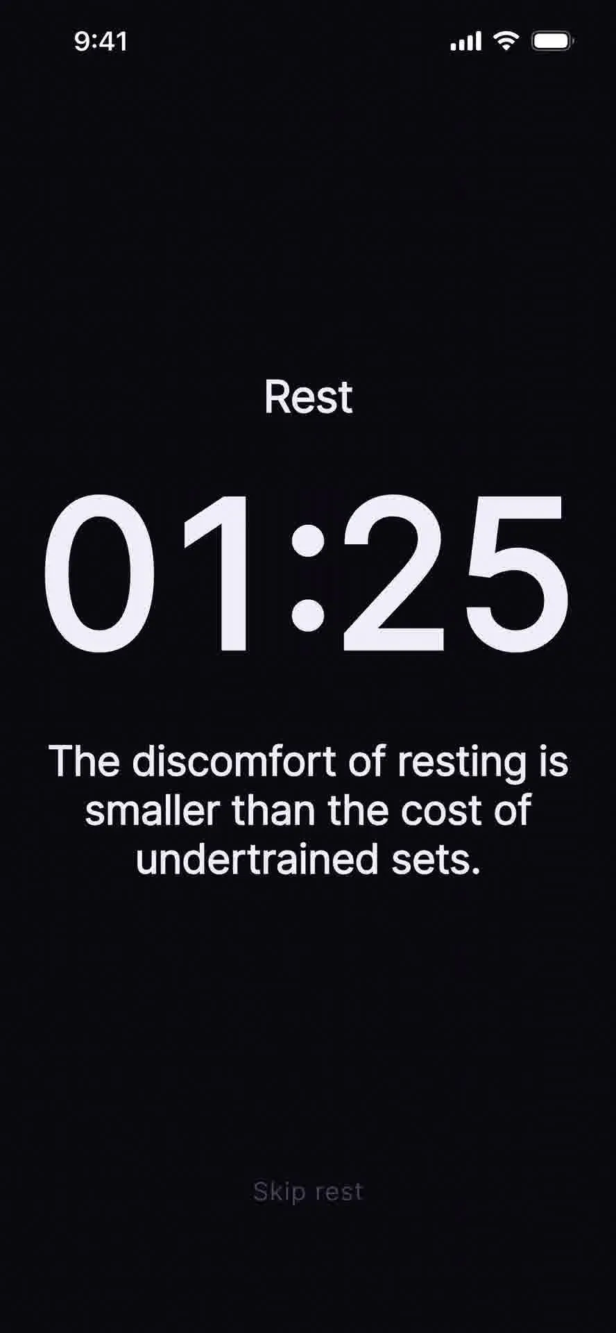 Rest timer screen in Dose: Kettlebells