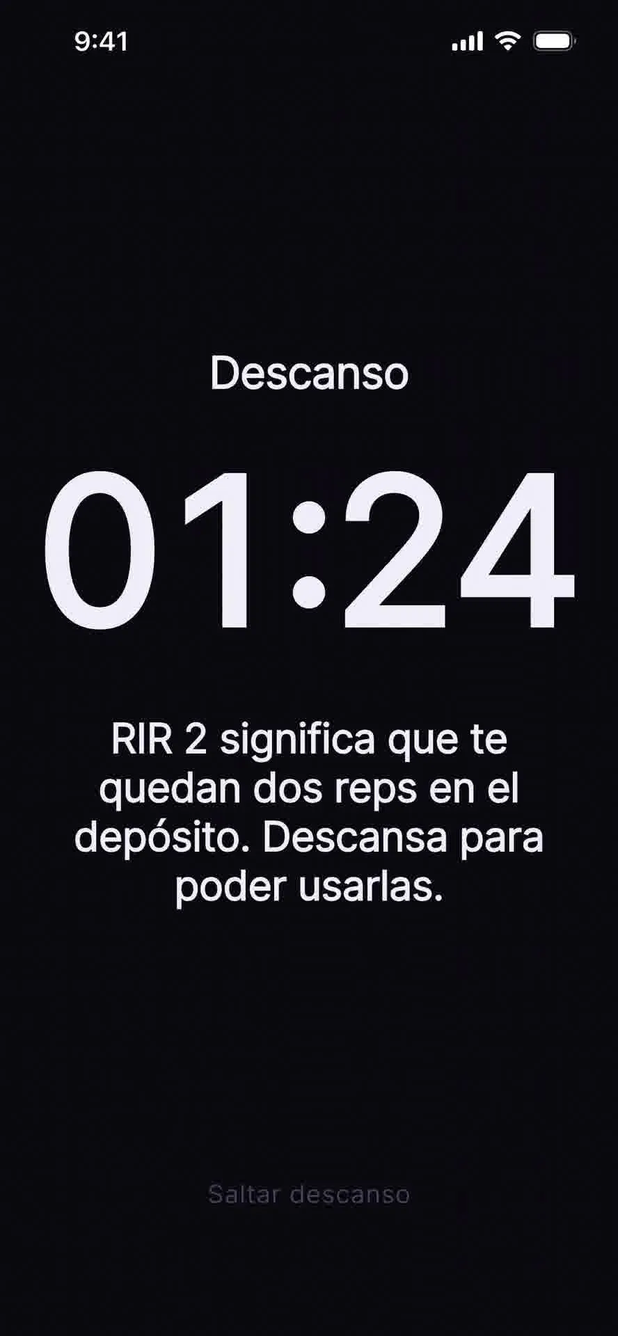 Pantalla de descanso con temporizador en Dose: Kettlebells